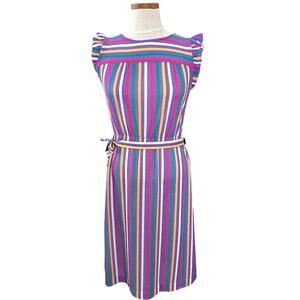 Vintage 1970s imi Multicolor Striped Dress SIZE M Boho Empire Waist Retro Belt